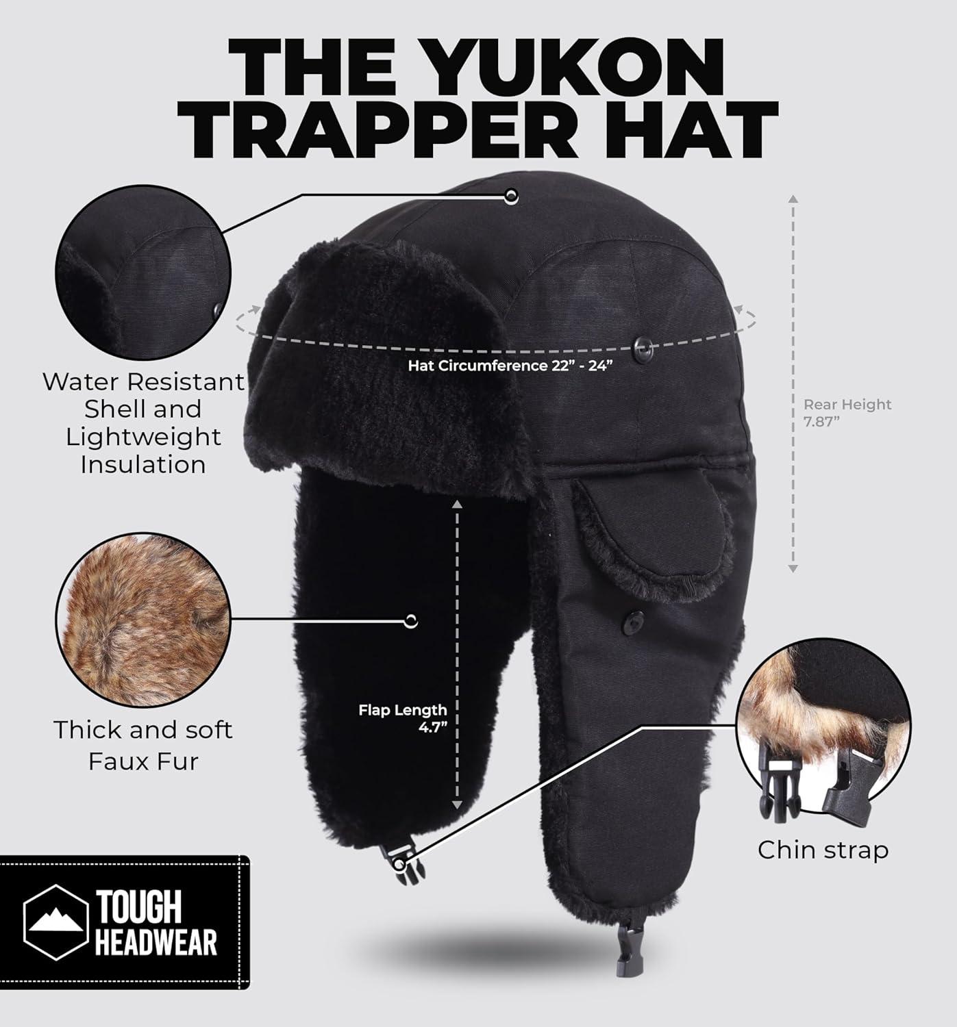 imageTough Headwear Russian Trapper Hat  WaterResistant Ushanka for Men ampamp Women with Chin Strap ampamp Ear FlapsClassic Black