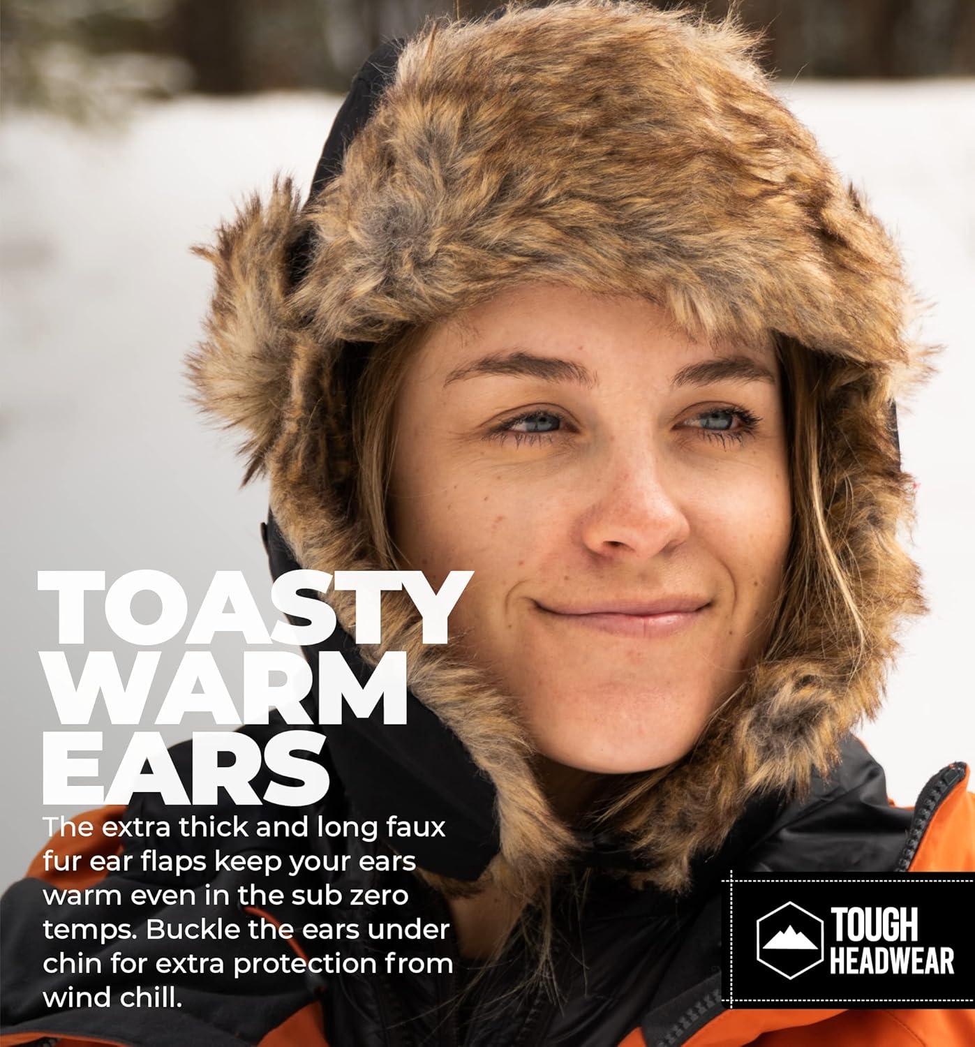 imageTough Headwear Russian Trapper Hat  WaterResistant Ushanka for Men ampamp Women with Chin Strap ampamp Ear FlapsQuilted Black