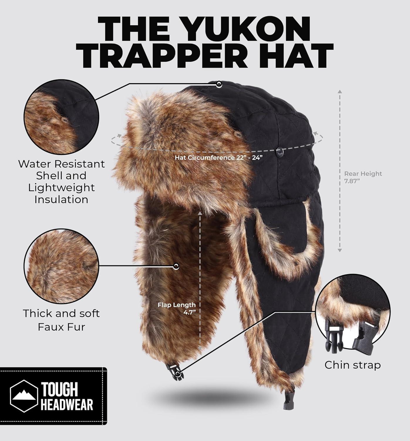 imageTough Headwear Russian Trapper Hat  WaterResistant Ushanka for Men ampamp Women with Chin Strap ampamp Ear FlapsQuilted Black