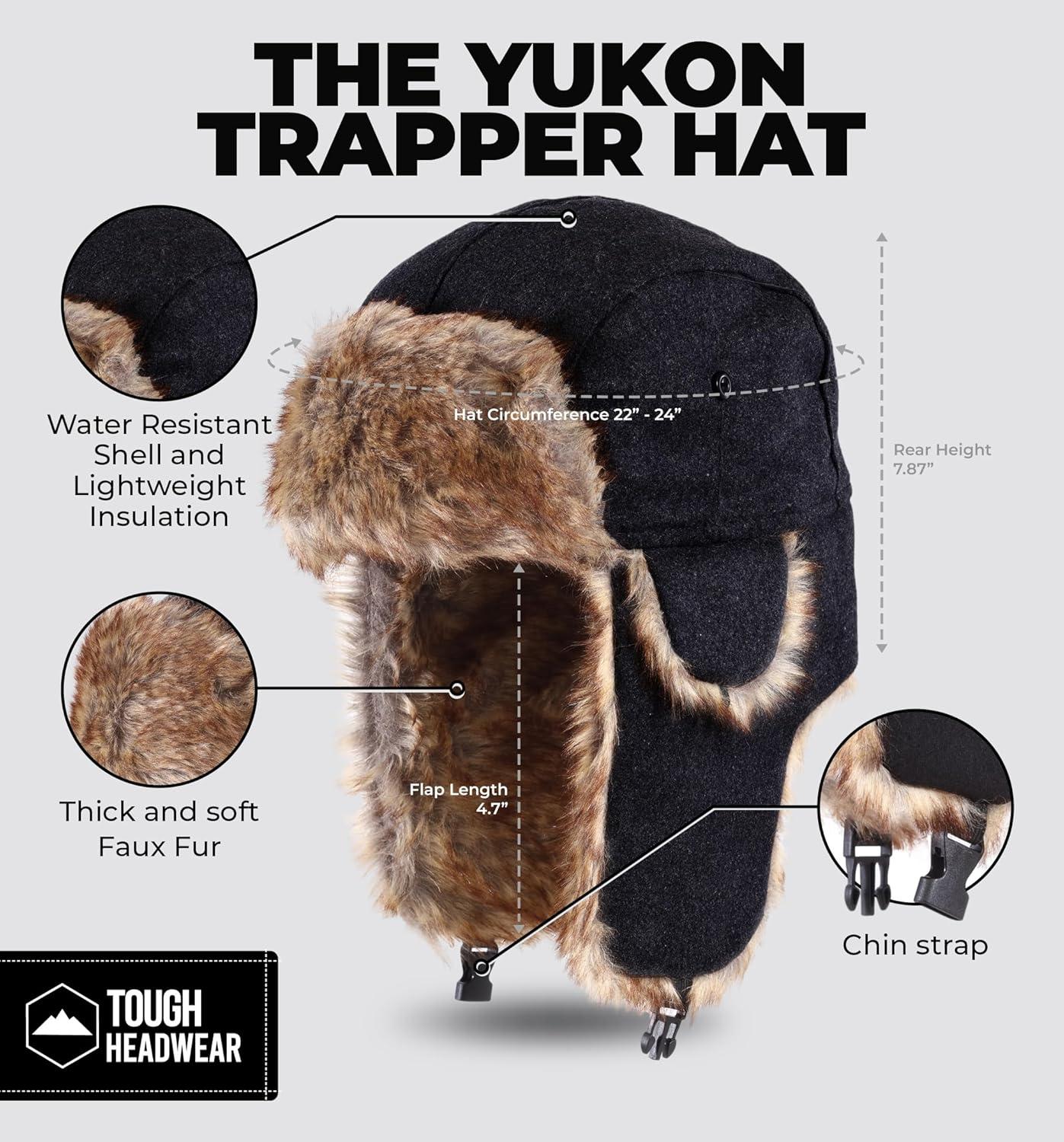 imageTough Headwear Russian Trapper Hat  WaterResistant Ushanka for Men ampamp Women with Chin Strap ampamp Ear FlapsWooly Black