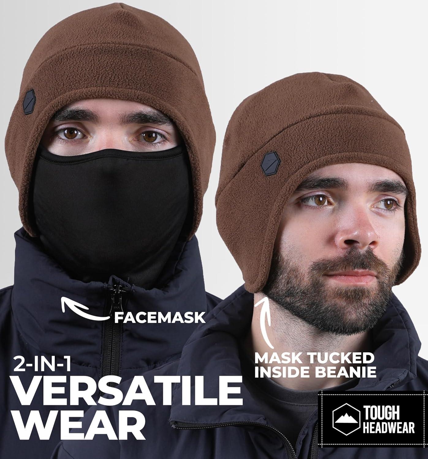 imageTough Headwear Skull Cap with Mask Men Winter Running Gear Motorcycle Winter Gear Helmet Liners Ski Hat Thermal BeanieBrown