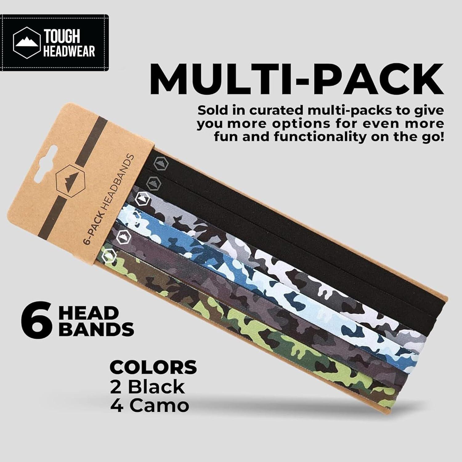 imageTough Headwear Thin Elastic Headbands for Men  Sports Hair Head Band for Women ampamp Men  Non Slip Mens Workout Headband  Running or Soccer Headband  6PackBlack  Camo