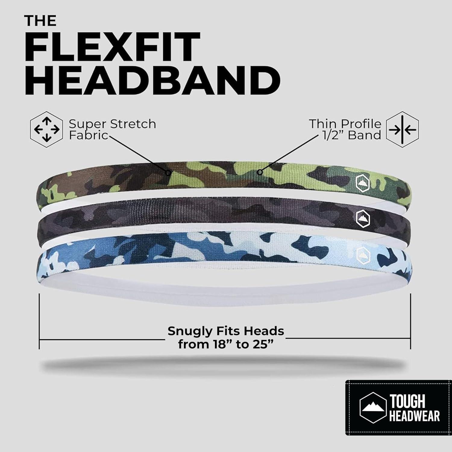 imageTough Headwear Thin Elastic Headbands for Men  Sports Hair Head Band for Women ampamp Men  Non Slip Mens Workout Headband  Running or Soccer Headband  6PackBlack  Camo