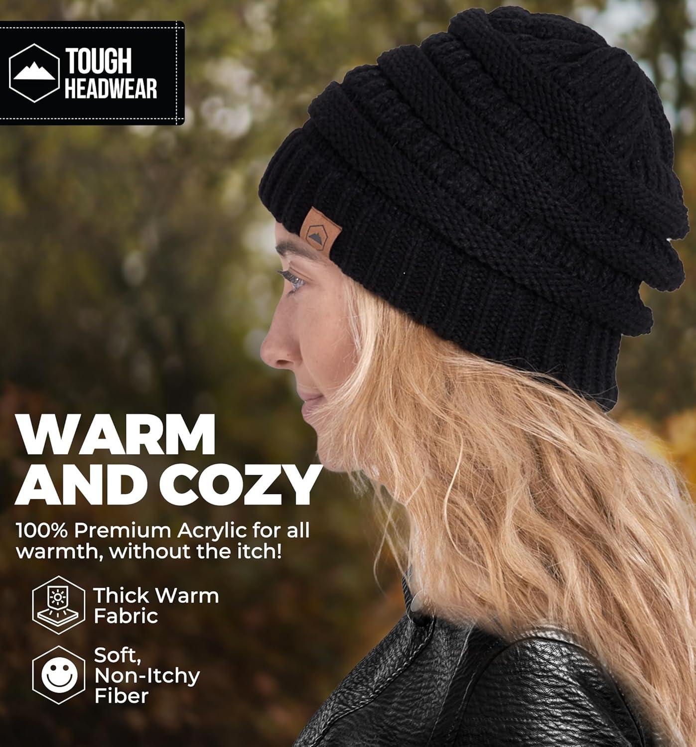 imageTough Headwear Womens Winter Hat  Warm Chunky Cable Knit Beanies  Winter Beanie Hats for Women Cold Weather  Beanies WomenBlack