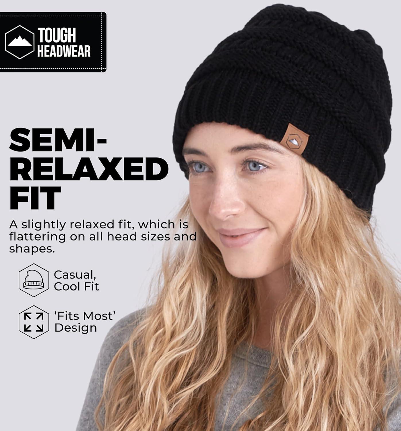 imageTough Headwear Womens Winter Hat  Warm Chunky Cable Knit Beanies  Winter Beanie Hats for Women Cold Weather  Beanies WomenBlack