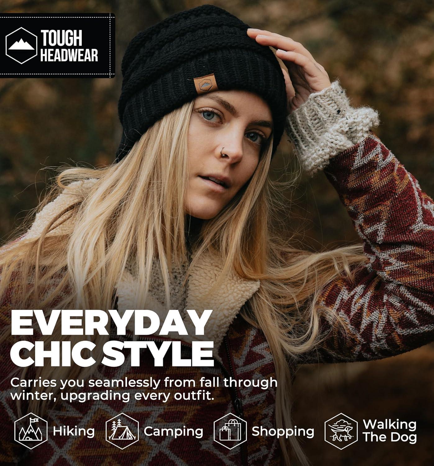 imageTough Headwear Womens Winter Hat  Warm Chunky Cable Knit Beanies  Winter Beanie Hats for Women Cold Weather  Beanies WomenBlack