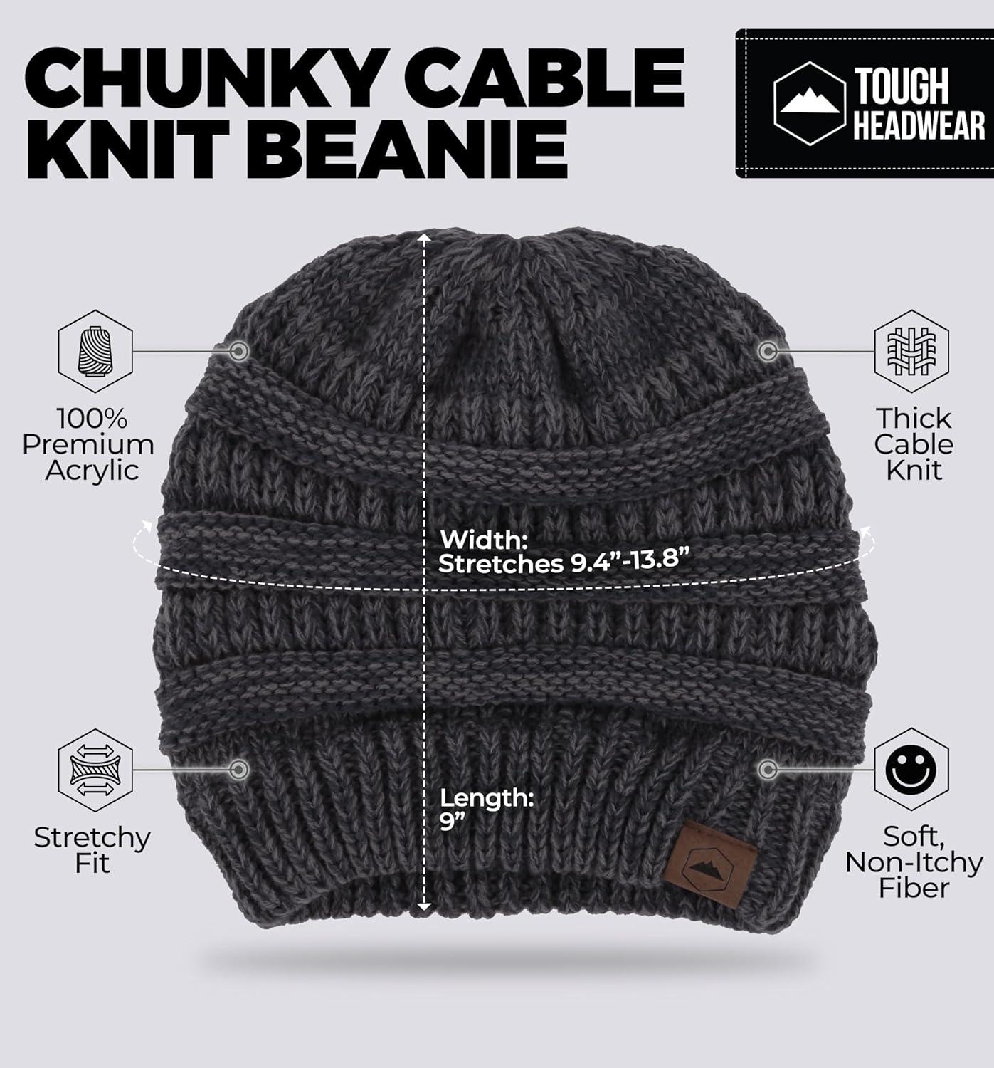 imageTough Headwear Womens Winter Hat  Warm Chunky Cable Knit Beanies  Winter Beanie Hats for Women Cold Weather  Beanies WomenBlack Gray