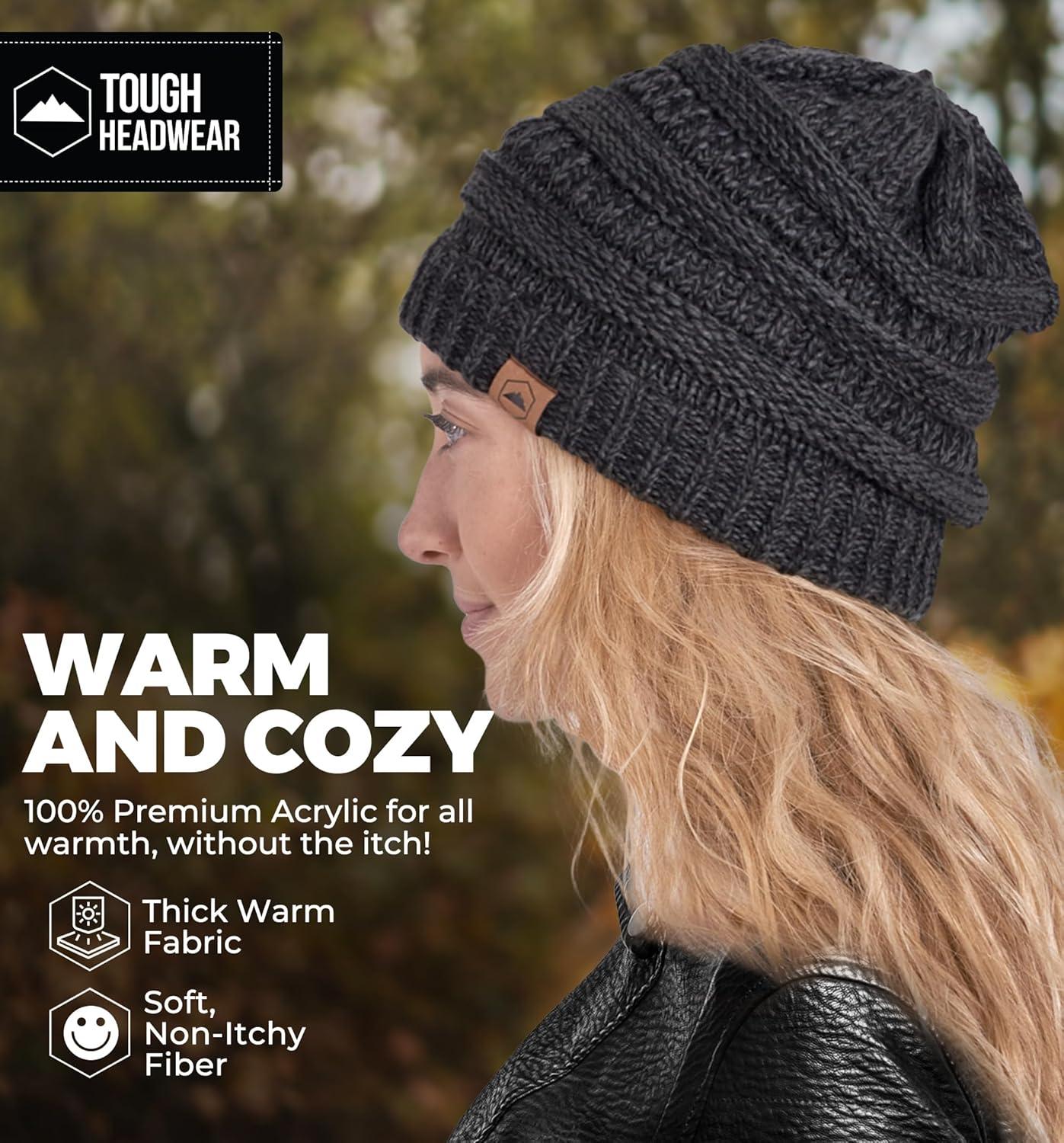 imageTough Headwear Womens Winter Hat  Warm Chunky Cable Knit Beanies  Winter Beanie Hats for Women Cold Weather  Beanies WomenBlack Gray