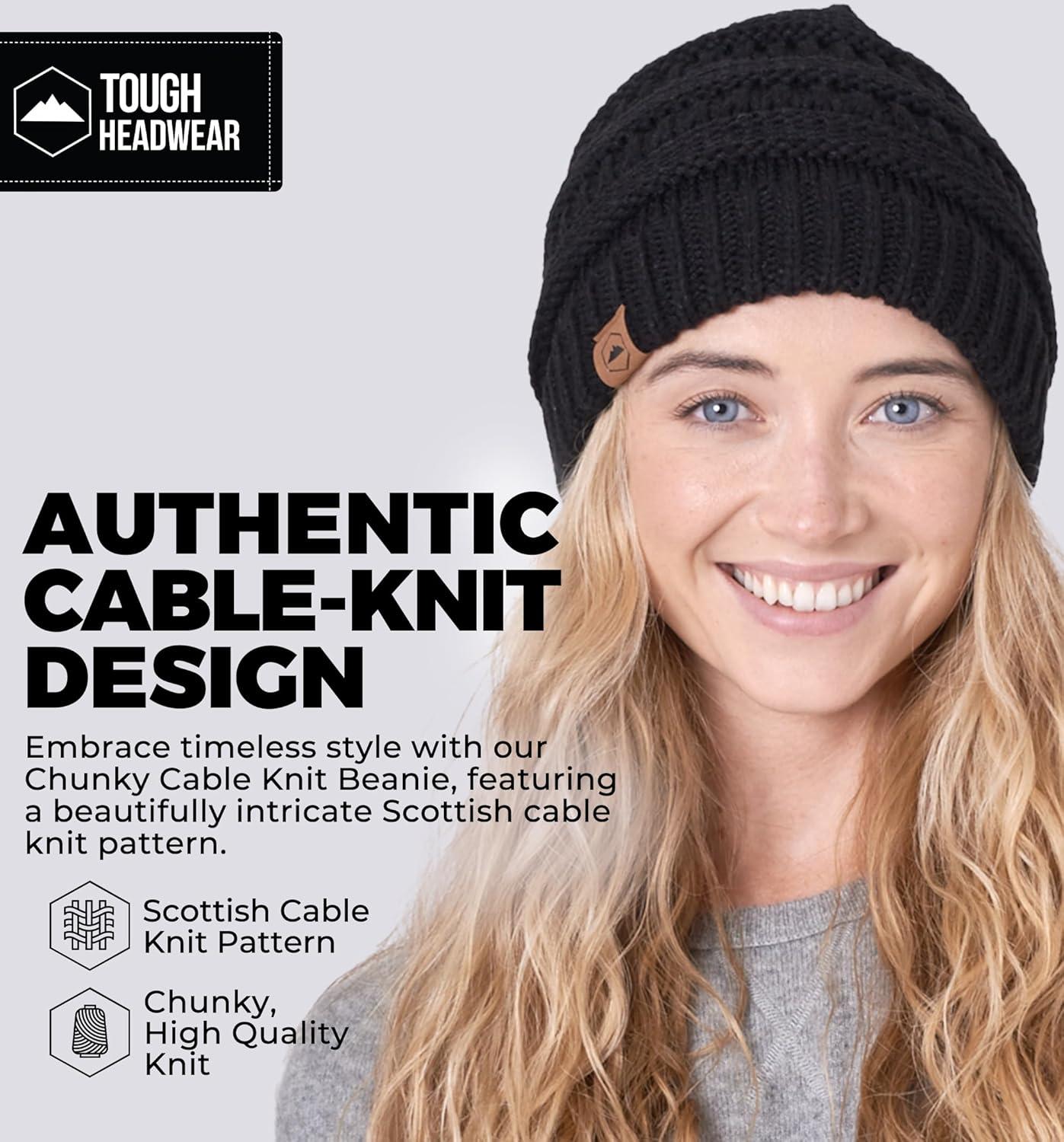 imageTough Headwear Womens Winter Hat  Warm Chunky Cable Knit Beanies  Winter Beanie Hats for Women Cold Weather  Beanies WomenMerino Wool  Black