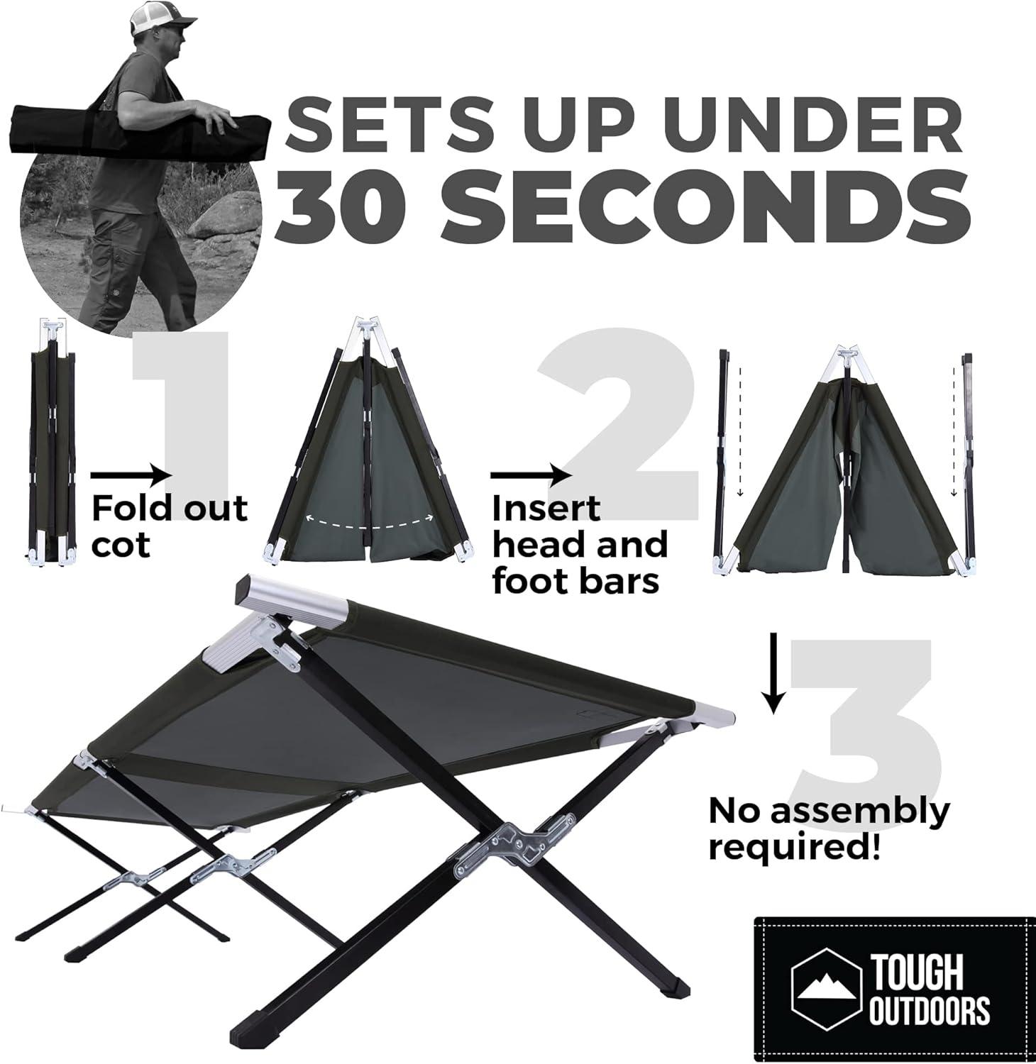 imageTough Outdoors Camping Cot for Adults  Oversized Camping Cot  Durable Heavy Duty Military Bed  Elevated Foldable Cot ampamp Camp Cots for Adults  XL Cot up to 300 lbs  wOrganizer ampamp Storage BagBlack  Large  74 X 25
