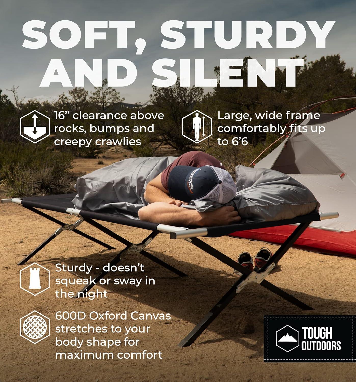 imageTough Outdoors Camping Cot for Adults  Oversized Camping Cot  Durable Heavy Duty Military Bed  Elevated Foldable Cot ampamp Camp Cots for Adults  XL Cot up to 300 lbs  wOrganizer ampamp Storage BagBlack  Xl  83 X 32