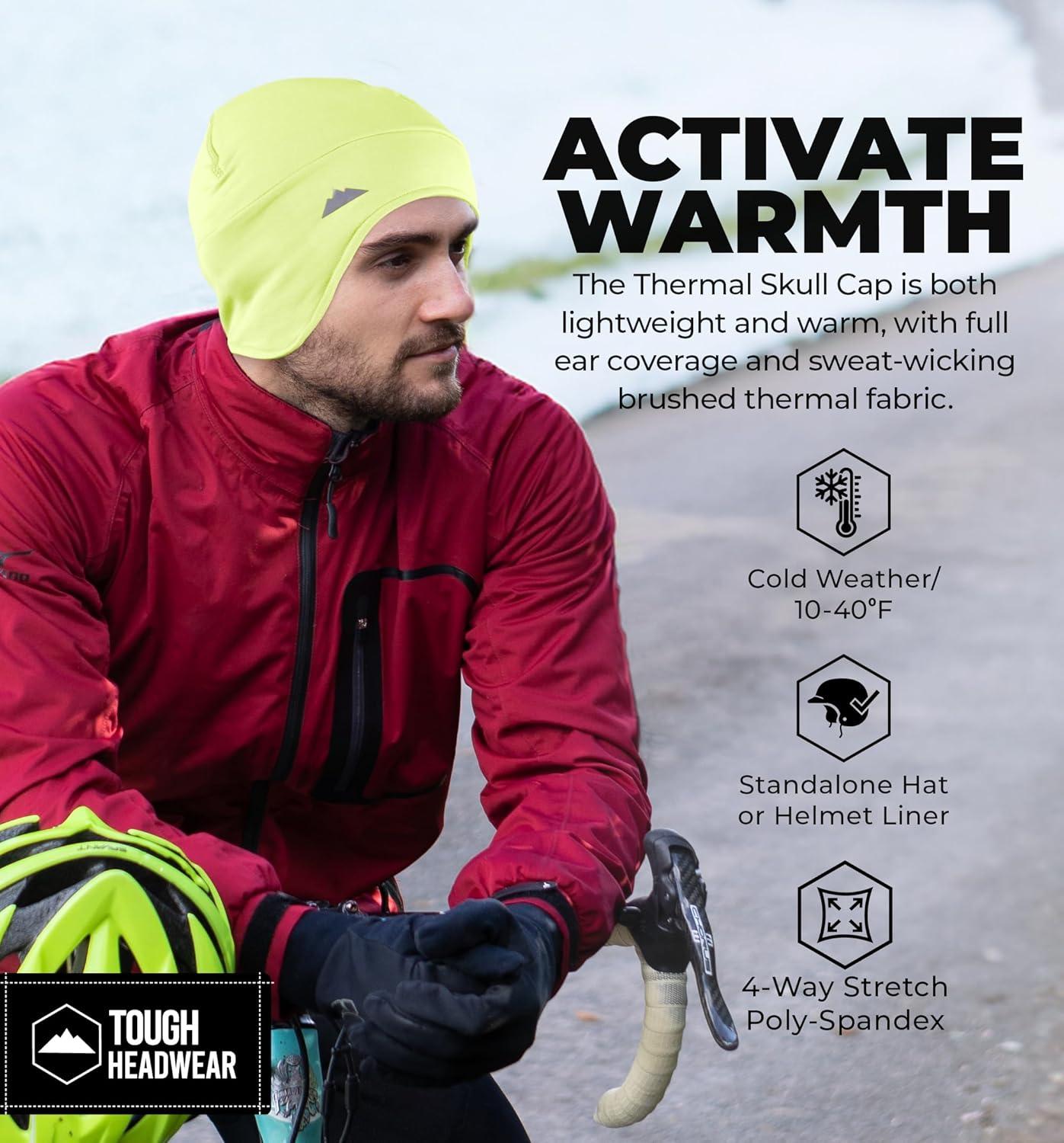 imageTough Outfitters Thermal Helmet Liner  Football Skull Cap for Men  Winter Running Beanie Under Helmet Cap ampamp Cycling CapsReversible Black  Hiviz Yellow 2 Pack