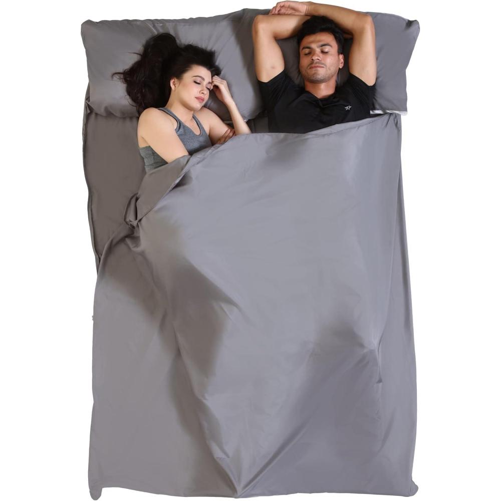 imageSleeping Bag Liner  Adult Sleep Sack ampamp Travel Sheets for Hotel  Travel Sleep Sack Camping Sleeping Bag Liners for Cold WeatherDouble Fits 2 People  Gray with Zipper