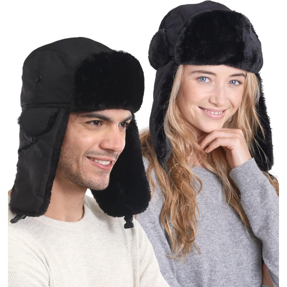 imageTough Headwear Russian Trapper Hat  WaterResistant Ushanka for Men ampamp Women with Chin Strap ampamp Ear FlapsClassic Black