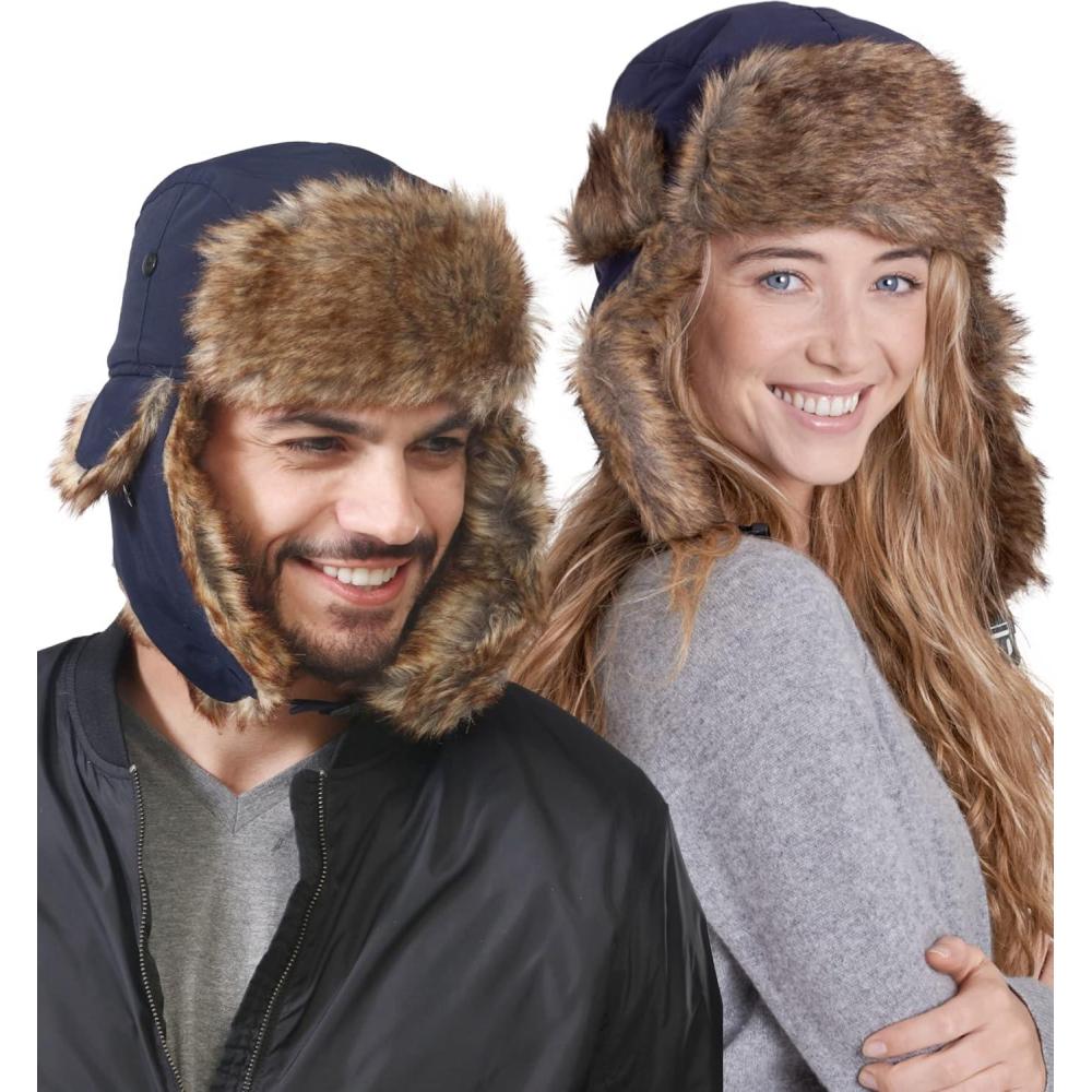 imageTough Headwear Russian Trapper Hat  WaterResistant Ushanka for Men ampamp Women with Chin Strap ampamp Ear FlapsNavy Blue