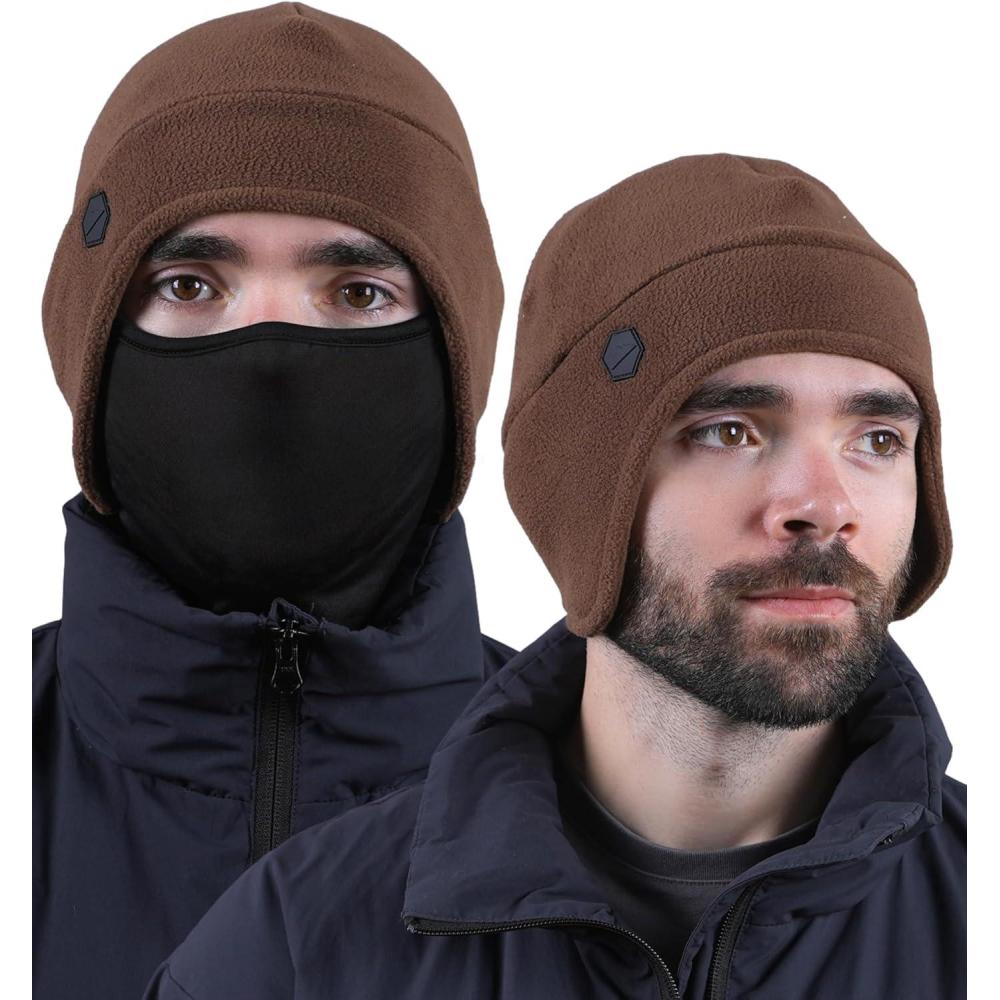 imageTough Headwear Skull Cap with Mask Men Winter Running Gear Motorcycle Winter Gear Helmet Liners Ski Hat Thermal BeanieBrown